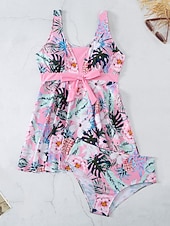 billiga Badessor-Dam Badkläder Tankini 2 st Kaxig Baddräkt Öppen rygg Magkontroll Hög midja Smal Semester Standkläder Blommig Halterneck Ärmlös Baddräkter
