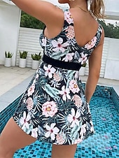 billiga Badessor-Dam Badkläder Tankini 2 st Kaxig Baddräkt Öppen rygg Magkontroll Hög midja Smal Semester Standkläder Blommig Halterneck Ärmlös Baddräkter