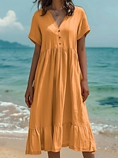 abordables concevoir des robes en coton et lin-Femmes Robe Midi Robes en coton et lin Robe d&#039;été Mode Occasionnel Quotidien Coupe régulière Couleur Unie Manche Courte Col en V Vert Claire Vert foncé Orange Gris foncé Été