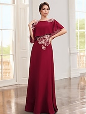 cheap Floor Length-A-Line Dress Mother of the Bride Dress Elegant Jewel Neck Floor Length Chiffon Lace Half Sleeve with Appliques Solid Color
