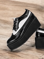 preiswerte Damenschnürschuhe-schwarz-weiße Damen-Brogue-Oxfords mit Plateausohle – Schnürschuhe aus Vintage-Lackleder mit dicker Sohle