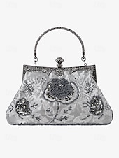 cheap Clutches &amp; Evening Bags-Women&#039;s Vintage Green Velvet Handbag with Beaded Floral Embroidery and Metal Frame – Elegant Evening Bag