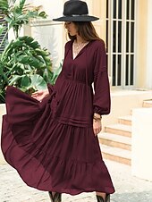 preiswerte Elegante Blumenkleider-Damen Maxidress Casual kleid Boho-Kleid Feste Farbe Retro Romantisch Täglich Verabredung Urlaub Patchwork Mit Gürtel Langarm V Ausschnitt Kleid Regular Fit Wein Herbst Winter S M L XL XXL