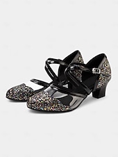 abordables Chaussures de danses latines-chaussures de danse à paillettes noires pour femmes avec brides croisées, semelle en daim souple et talons bas – parfaites pour les événements de salon, latins et de fête