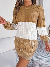 cheap Sweater Dress-Women&#039;s Sweater Sweater Dress Casual Soft Color Block Ribbed Crew Neck Knitted Long Sleeve Long Tops Knit Outdoor Daily Weekend Black Wine Fall Winter