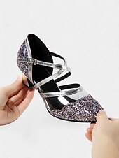 abordables Chaussures de danses latines-chaussures de danse à paillettes noires pour femmes avec brides croisées, semelle en daim souple et talons bas – parfaites pour les événements de salon, latins et de fête
