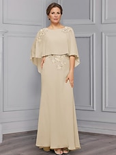 abordables Longueur du plancher-gaine / colonne robe plage mariage mère de la mariée robe élégante col en V longueur au sol en mousseline extensible demi-manche avec dentelle fleur à plusieurs niveaux 2025