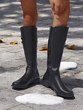 cheap Fashion Boots-Women&#039;s Black Knee-High Riding Boots with Buckle Straps and Low Heel – Classic Equestrian Style Boots for Everyday and Outdoor Wear