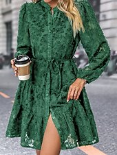 preiswerte Kleider für die Arbeit-Damen Spitzenkleid Minikleid Spitze Patchwork Brautkleider schlicht Ständer Langarm Schwarz Wein Grün Farbe