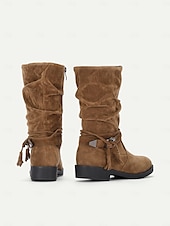 levne Slouch Boots-dámské polobotky z umělého semiše do půli lýtek s cvočkovým páskem a detaily se střapcem – ležérní boho styl na podzim a zimu