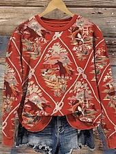 cheap Hoodies &amp; Sweatshirts-Women&#039;s Sweatshirt Vintage Western Print Graphic Plaid Tribal Home Work Casual Round Neck Patchwork Print Long Sleeve Red Fall &amp; Winter