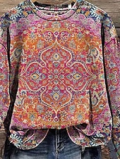 billige Boho topper-Dame Grafisk Fritid Langermet Crew-hals Vanlige topper Hverdag Avslappet Trykt mønster Rosa Høst Vinter