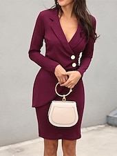 cheap Work Dresses-Women&#039;s Casual Dress Mini Dress Patchwork Buttons Casual Formal V Neck Long Sleeve Black Wine Gray Color