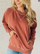 abordables Sudaderas y Sudaderas con Capucha Texturizadas-Sudadera de mujer, informal, lisa, para uso diario, con cuello redondo, bolsillo, manga larga, roja, caqui, gris, otoño e invierno