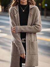 cheap Cardigans &amp; Outerwears-Women&#039;s Sweater Cardigan Sweater Jacket Shirt Collar Knit Pocket Knitted Spring Fall Home Daily Weekend Elegant Daily Casual Long Sleeve Pure Color Black Camel