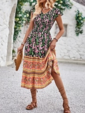 ieftine Rochii Boho-Pentru femei Rochii Midi Rochie casual Rochie leagăn Rochie A line Rochie Boho Casual Zilnic Fit regulat Floral Manșon scurt În V Negru Portocaliu Vară Primăvară