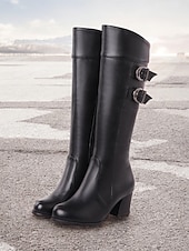 abordables Bottes à la mode-bottes blanches hautes pour femmes avec détail à double boucle – bottes à talon bloc élégantes pour les tenues d&#039;hiver et décontractées