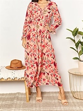 preiswerte Elegante Blumenkleider-Damen Maxikleid mit Blumenmuster und V-Ausschnitt, lange Ärmel, Frühling/Herbst