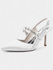 economico cocktail-scarpe col tacco da donna in raso bianco con cinturino posteriore e decorazioni in strass – eleganti scarpe a punta per matrimoni e occasioni formali
