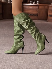 olcso Slouch Boots-női, ezüst színű, domború térdig érő csizma – stílusos hegyes orrú csizma tűsarkúval a divatos megjelenésért
