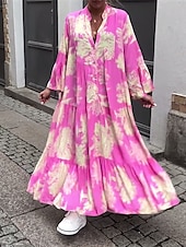 abordables Robes de vacances-robe longue à fleurs pour femmes, col fendu, manches longues, été, printemps