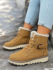 abordables Botas de nieve e invierno-Botas de nieve de invierno para mujer de color marrón con forro de piel sintética: botas cálidas y aislantes para exteriores con detalle de hebilla y suela antideslizante para clima frío