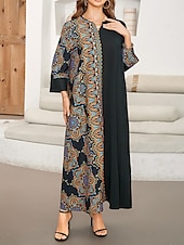 abordables Robes Bohémiennes-Femme Robe Maxi Robe casual Robe Caftan robe boheme Décontractées du quotidien Standard Géométrique Manches 3/4 Col cranté Noir Printemps Automne
