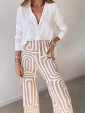 cheap Sets-Women&#039;s Fashion Streetwear Daily Shirt Linen-Inspired Sets Two Piece Sets Dress Pants Long Sleeve Bishop Sleeve Shirt Collar Plain Printing Patchwork Print Formal Casual Daily Khaki Fall Regular Fit