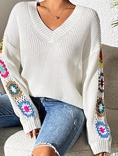 economico Motivi grafici e dettagli-Per donna Felpa Informale Morbido Floreale Uncinetto A V Lavorato a maglia Manica lunga Top regolari Maglia Esterno Giornaliero Fine settimana Nero Bianco Autunno Inverno