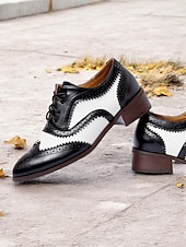 abordables Richelieu femme-chaussures richelieu brogue noires et blanches pour femmes - chaussures habillées vintage en similicuir à bout golf bicolore pour occasions formelles