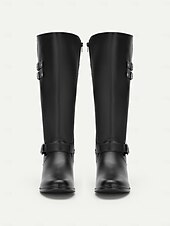 cheap Fashion Boots-Women&#039;s Black Knee-High Riding Boots with Buckle Straps and Low Heel – Classic Equestrian Style Boots for Everyday and Outdoor Wear
