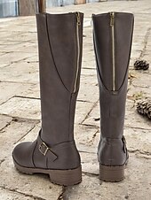 baratos Botas da moda-botas femininas marrons de cano alto com zíper lateral e fivela, salto baixo e design durável – perfeitas para uso casual e ao ar livre