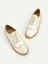cheap 1930s-Women&#039;s Beige and White Oxford Brogue Shoes - Vintage Lace-Up Low Heel Casual Shoes for Everyday Wear