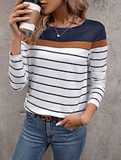 billiga Randig och geometrisk t-shirt-Dam T-shirt Färgblock Randig Mode Modern Ledigt Långärmad Rund hals Vanliga toppar Dagligen Helgen Mönster Svart Vit Höst Vinter