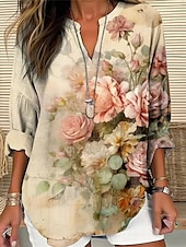 preiswerte Damen Grafik Tops-Damen Hemd Bluse Blumen Brautkleider schlicht Langarm Gekerbter Hals Normale Oberteile Täglich Bedruckt Weiß Blau Khaki Herbst Winter