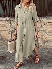 levne Šaty-Dámské Vojenská zelená Bílá Khaki Jaro Podzim Maxi šaty Šaty inspirované plátnem Elegantní Módní Venkovní Párty Volný Košilový límec