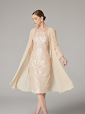 economico Con giacca-Abito a Due Pezzi Mother of the Bride Elegante Collo Gioiello Lunghezza al Ginocchio in Chiffon pizzo Maniche a Tre Quarti Inclusa la Giacca con Applicazioni in Perline Abito per la Giornata delle