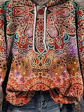 voordelige Boho Tops-dames pullover casual grafisch straat dagelijks gebruik capuchon print voorzak lange mouw oranje herfst winter
