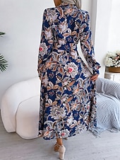 billiga Bohemklänningar-Dam Maxiklänning Vardagsklänning Swingklänning A linjeklänning Boho-klänning Ledigt Dagligen Normal Blommig Långärmad Tröjkrage Kungsblå Sommar Vår Höst