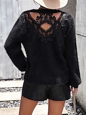 cheap Solid Colors-Women&#039;s Sweater Casual Soft Pure Color Ribbed Crew Neck Lace Patchwork Knitted Long Sleeve Regular Tops Knit Outdoor Daily Weekend Black White Fall Winter