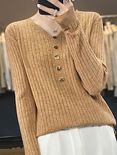 economico Colori solidi-Per donna Pullover Maglione Moda Informale Morbido Tinta unica A coste A V Bottoni Manica lunga Top regolari Maglia Esterno Giornaliero Per uscire Nero Bianco Autunno Inverno