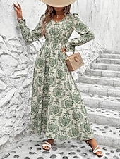 preiswerte Ausgefallene Kleider-Damen Maxidress Casual kleid Schaukelkleid A Linie Kleid Boho-Kleid Brautkleider schlicht Täglich Regular Fit Blumen Langarm V Ausschnitt Schwarz Weiß Grün Sommer Frühling Herbst