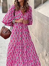 ieftine Rochii casual florale-rochie maxi dama cu decolteu in V geometric cu maneca 3/4 vara primavara