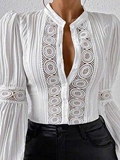 preiswerte Elegante Oberteile-Damen Hemd Bluse Feste Farbe Basic Brautkleider schlicht Langarm V Ausschnitt Normale Oberteile Täglich Spitze Patchwork Knopf Weiß Sommer Frühling Herbst