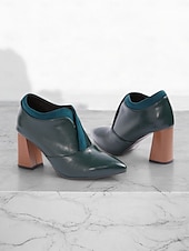 baratos Botas de tornozelo-botins femininos de couro sintético verde com bico fino e salto bloco – sapatos modernos e sofisticados para uso no escritório e na noite