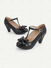 billiga 1950-talet-svarta t-bandklackar för kvinnor med rosettdetalj - vintageinspirerade chunky pumps för kontor, fester eller högtidliga tillfällen