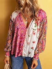 cheap Women&#039;s Graphic Tops-Women&#039;s Shirt Blouse Floral Casual Long Sleeve V Neck Regular Tops Daily Buttons Print Rainbow Fall Winter