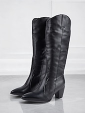 levne Cowboy &amp; Western Boots-černé westernové boty z umělé kůže po kolena se špičatou špičkou a blokovými podpatky – elegantní styl kovbojky pro ženy