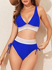 cheap Bikini Sets-Women&#039;s Swimwear Bikini 2 Piece Briefs Swimsuit Backless Patchwork High Waist Slim Vacation Beach Wear Solid Color V Neck Sleeveless Bathing Suits