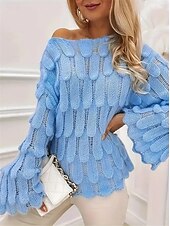 cheap Solid Colors-Women&#039;s Sweater Casual Soft Pure Color Ribbed Crew Neck Knitted Long Sleeve Regular Tops Knit Outdoor Daily Weekend Blue Fall Winter